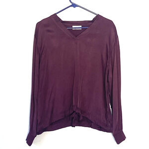 Pure Blouse Top Size US 12 Plumb Purple V Neck Silky Drawstring Viscose Elegant